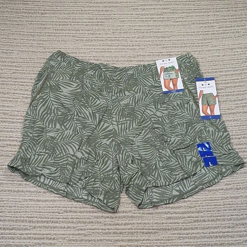 THREE DOTS SHORTS WOMEN LARGE GREEN PALM LEAF CASUAL SUMMER BEACH NEW NWT LOGO